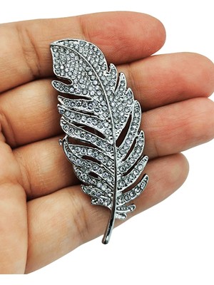 BB Bi Butik Shop Gümüş Kaplama Işıltılı Kristal Taşlı Tüy Broş - Lüks Tasarım Ceket ve Şal Yaka Iğnesi