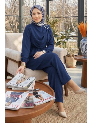 Hafsa Mina Yandan Tokalı Pantolonlu Ayrobin Takım Indigo HM2901