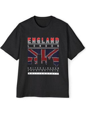 Tişört Kodu Heavy Oversize Erkek Tişört – England London Grafik Baskılı Premium Streetwear Tişört