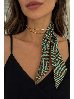 Modex Zincir Detay Turkuaz Geometrik Desen Fular Kolye