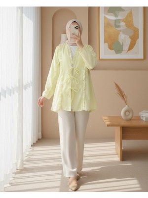 Modamorfo Önü ve Kolu Fırfırlı Bağlamalı Keten Gömlek -Açık Sarı