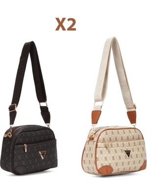Newish Polo Kadın Monogram Desenli Uzun Askılı Çapraz Omuz Çantası 2 Adet – Bej - Siyah - NEWPOLO361