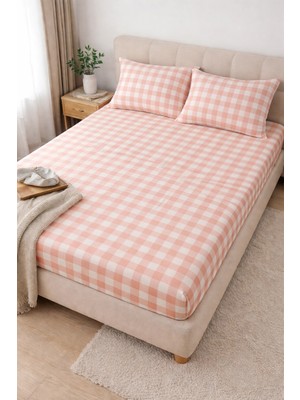 Clasy Ranforce Lastikli Çarşaf Seti Çift Kişilik Pembe ÇKLÇ-265 %100 Pamuk Ekoseli