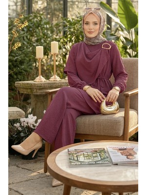 Hafsa Mina Yandan Tokalı Pantolonlu Ayrobin Takım Gül Kurusu HM2901