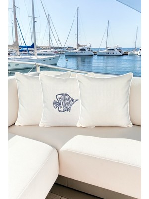 Visionario Kırlent Kılıfı 45X45 3'lü Set Marin Nakışlı Balık Desen Su Itici Outdoor Keten Tekne Bahçe