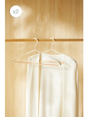 Ocean Home Textile 2 Adet Ahşap Destekli Omuz Formlu Mat Beyaz Metal Elbise Kıyafet Askısı, Giysi Askısı 21.5x42x0.5 cm
