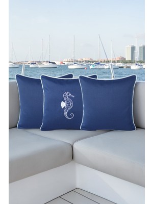 Visionario Kırlent Kılıfı 45X45 3'lü Set Marin Nakışlı Deniz Atı Desen Su Itici Outdoor Keten Tekne Bahçe