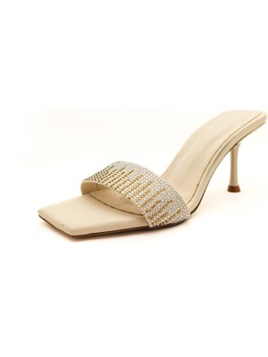 Gdt Ayakkabı Bej Renk Ince Yüksek Topuk Taş Detaylı Abiye Kadın Terlik Terlik Kadın