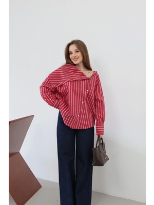Bahriye Yaka Çizgili Gömlek Kırmızı