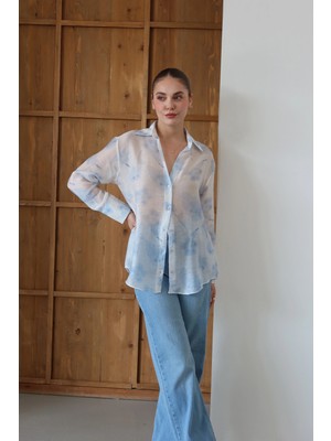 Desenli Organze Tül Gömlek Mavi