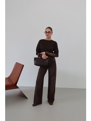 Yüksek Bel Kesik Boru Paça Jean Kahve