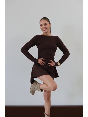 Sırt Detaylı Uzun Kollu Elbise Kahve