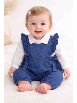 Babyhas Mini Kız Bebek Kot Salopet Takım – Fırfırlı Denim Salopet ve Keten Gömlek 2’li Bebek Takımı