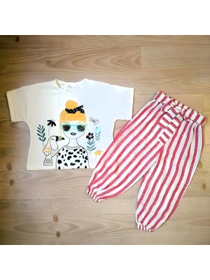 Bunny Hopp Kız Çocuk Takım Alt Üst Takım T-Shirt Pantolon Ikili Takım Çizgili Pantolonlu Takım