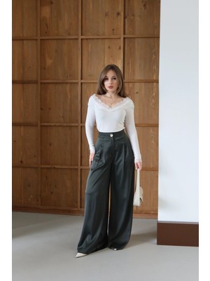 Saten Yüzeyli Dökümlü Pantolon Yeşil