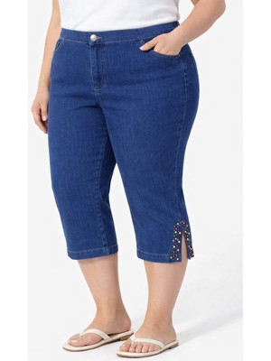 Lale Butik Büyük Beden Kadın Diz Altı Paçası Boncuk Işleme Detay Kot Kapri 01 Mavi