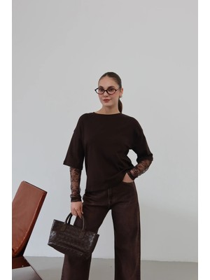 Kolu Dantelli Bisiklet Yaka T-Shirt Kahve