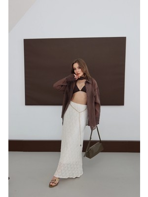 Zincir Detaylı Astarlı Dantel Etek Ekru
