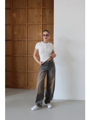 Yüksek Bel Barrel Fit Jean Füme
