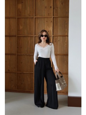 Beli Lastikli Dökümlü Geniş Paça Pantolon Siyah