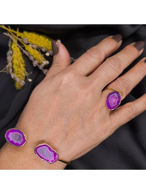 Museum Of You Doğal Taş Akik Druzy Taşlı Kadın Bilezik ve Yüzük Set - El Yapımı - 14K Altın Kaplama Renk-Ayarlanabilir