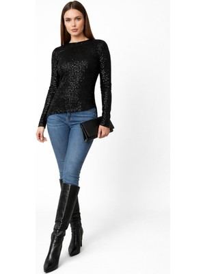 Topshow Siyah Payetli Uzun Kollu Bluz