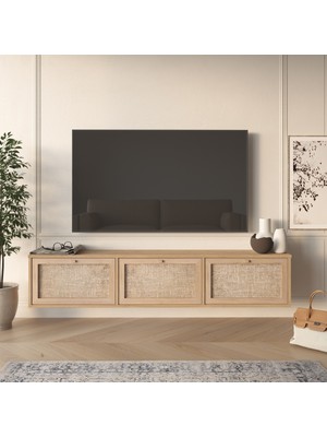 Yurudesign Dune Tv Ünitesi Sehpası Duvara Monte 3 Ahşap Jüt Kapaklı 180CM Sepet-Jüt Dn1-Sj