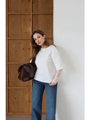 Kolu Dantelli Bisiklet Yaka T-Shirt Beyaz