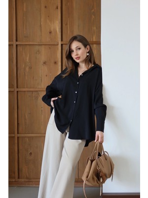 Dökümlü Oversize Modal Gömlek Siyah