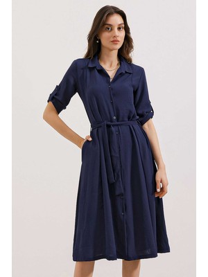 Bigdart Kadın Lacivert Kuşaklı Gömlek Elbise 2442