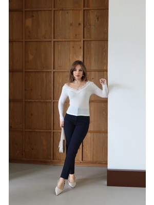 Kumaş Detaylı Önü Flatolu Pantolon Lacivert