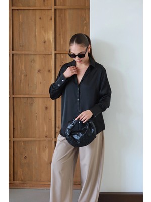 V Yaka Premium Saten Gömlek Siyah