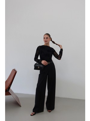 Kemerli Beli Lastikli Palazzo Pantolon Siyah