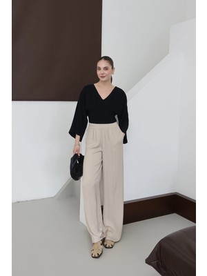 Beli Lastikli Dökümlü Geniş Paça Pantolon Taş