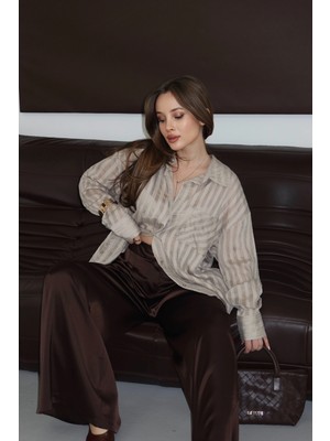 Saten Yüzeyli Dökümlü Pantolon Kahve