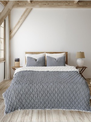 İyi Geceler İstanbul Atlas %100 Pamuklu Çift Kişilik Müslin  Yatak Örtüsü ve Yorgan Seti Antrasit