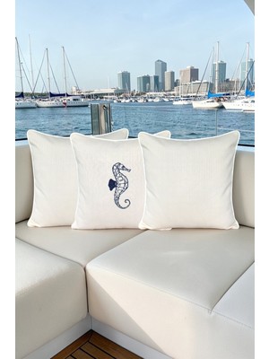 Visionario Kırlent Kılıfı 45X45 3'lü Set Marin Nakışlı Deniz Atı Desen Su Itici Outdoor Keten Tekne Bahçe