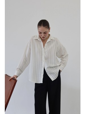 Dokulu Çizgili Viskon Gömlek Beyaz