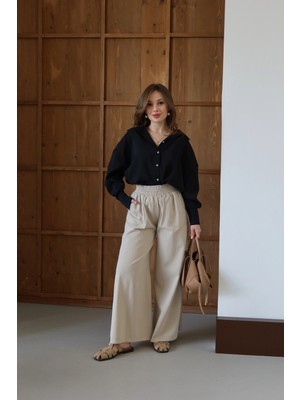 Beli Lastikli Flare Gabardin Pantolon Taş