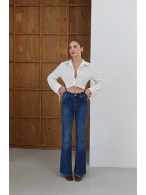 Yüksek Bel Likralı Ispanyol Paça Jean Lacivert