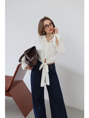 Önden Bağlamalı Crop Pamuk Gömlek Beyaz