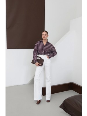 Yüksek Bel Kesik Paça Full Likralı Ispanyol Paça Jean Beyaz