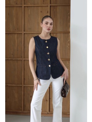 Bisiklet Yaka Gold Düğmeli Denim Yelek Lacivert