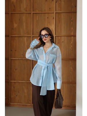 Kuşaklı Cepli Gömlek Mavi