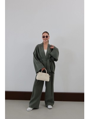 Bağlamalı Kimono Pantolon Modal Takım Haki