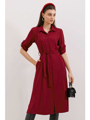 Bigdart Kadın Bordo Kuşaklı Gömlek Elbise 2442