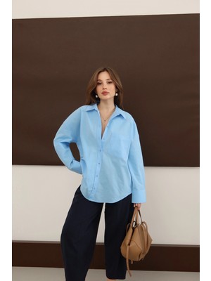 Klasik Kesim Saf Pamuk Poplin Gömlek Mavi