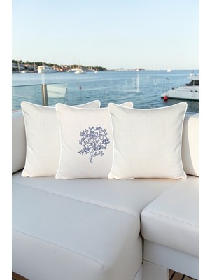 Visionario Kırlent Kılıfı 45X45 3'lü Set Marin Nakışlı Yosun Desen Su Itici Outdoor Keten Tekne Bahçe