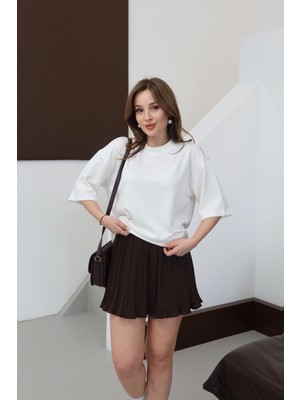 Bisiklet Yaka Eteği Parçalı Basic T-Shirt Beyaz