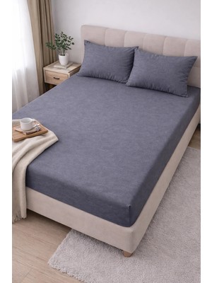 Clasy Ranforce Lastikli Çarşaf Seti Çift Kişilik Antrasit Gri-Mavi ÇKLÇ-268 %100 Pamuk